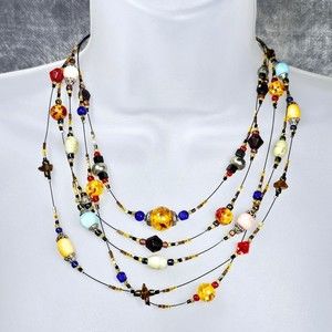 Art Glass Bohemian Necklace Layered Multi Color Seed Bead Marbled Jewelry